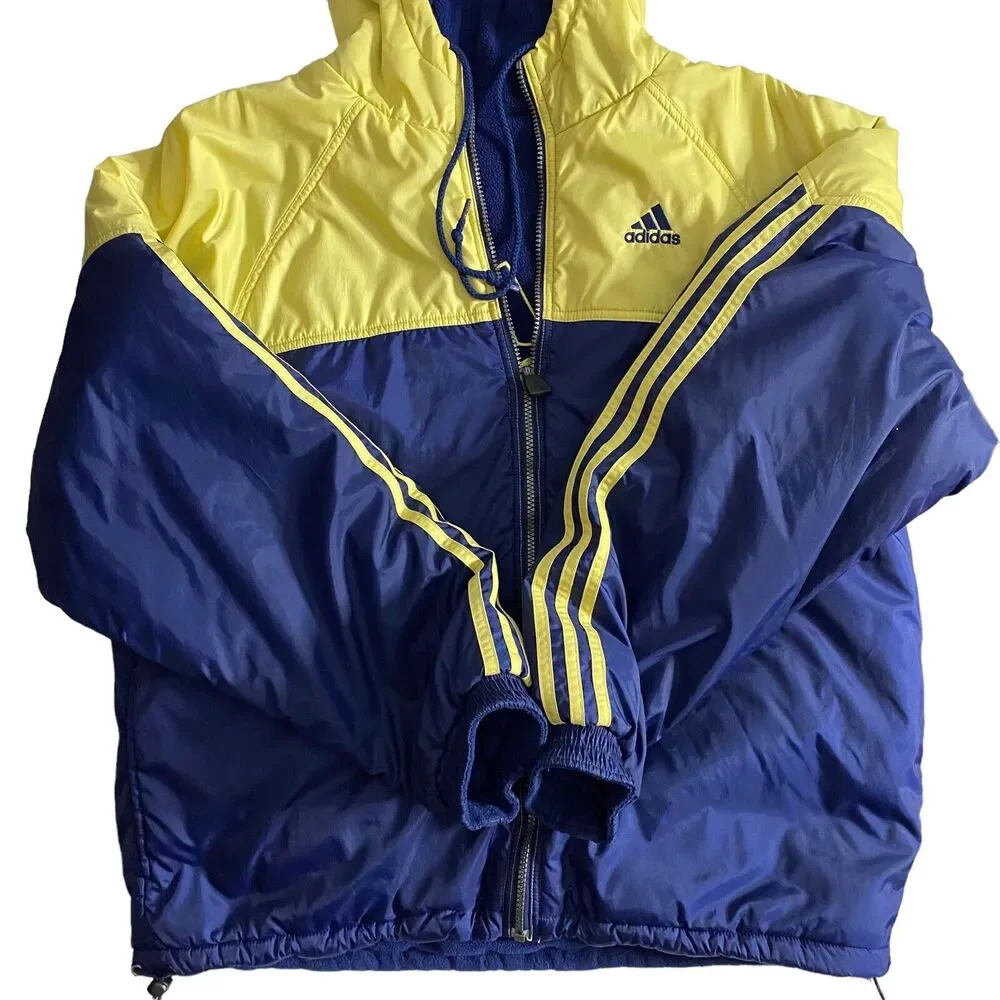 Adidas‎ Reversible Jacket Coat Size Large Navy Blue And Yellow 90s Fleece/Nylon